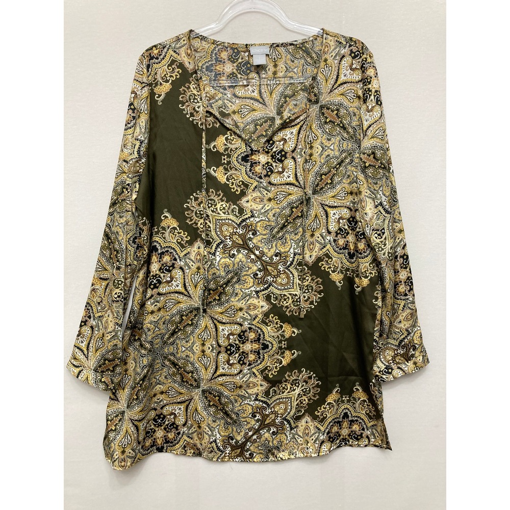 Chico's Tunic size Large/2 Olive Green Floral Paisley Tie Neck Satin Vacation